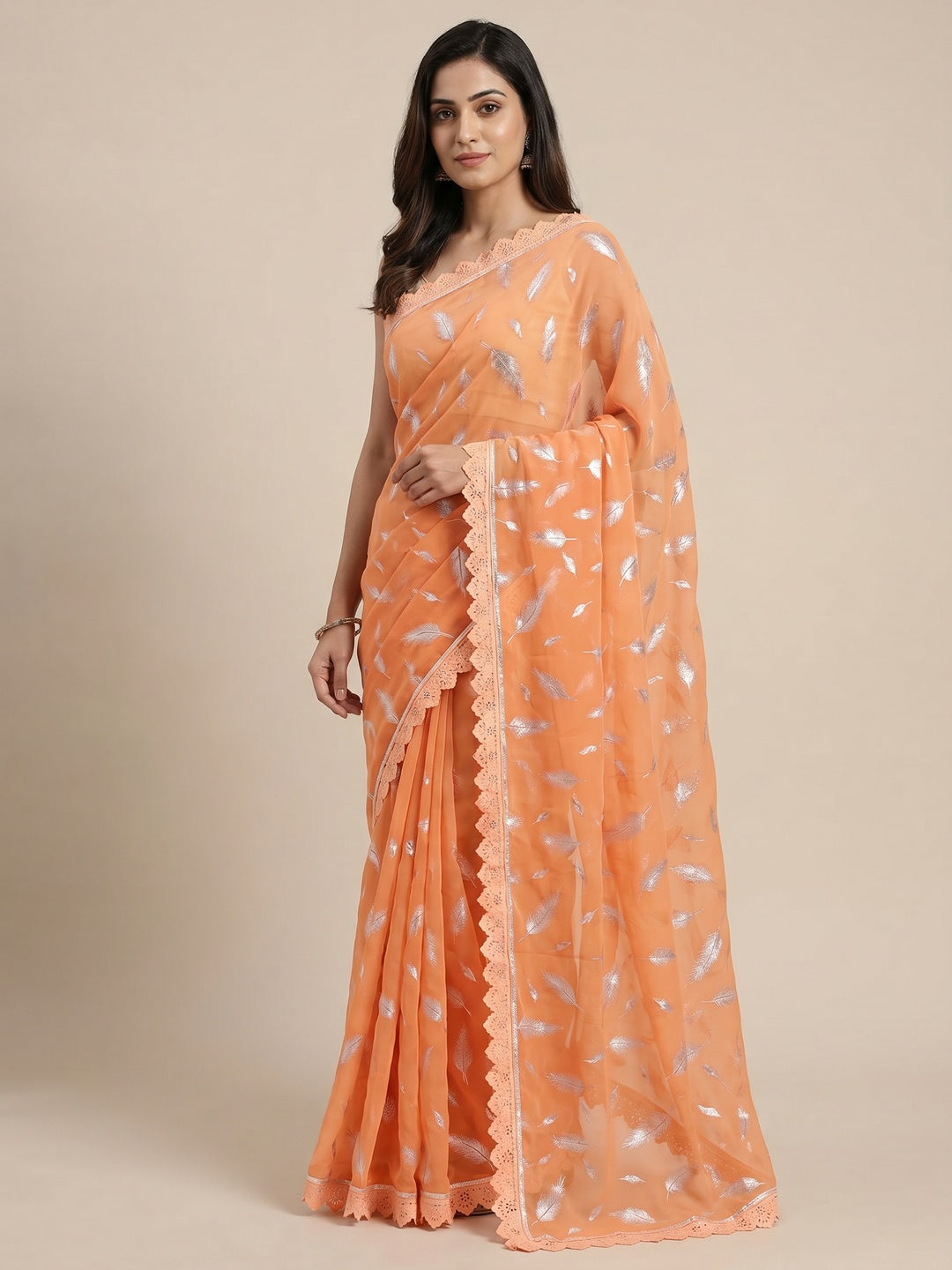 Orange Foil Printed With Swarovski Georgette Saree - Image 1
