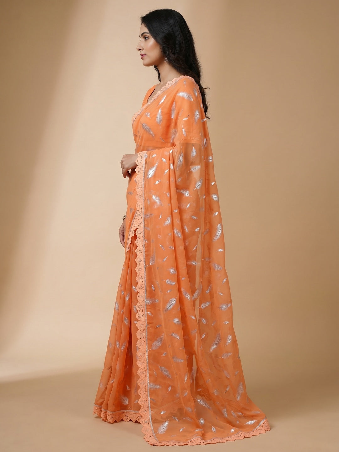 Orange Foil Printed With Swarovski Georgette Saree - Image 3
