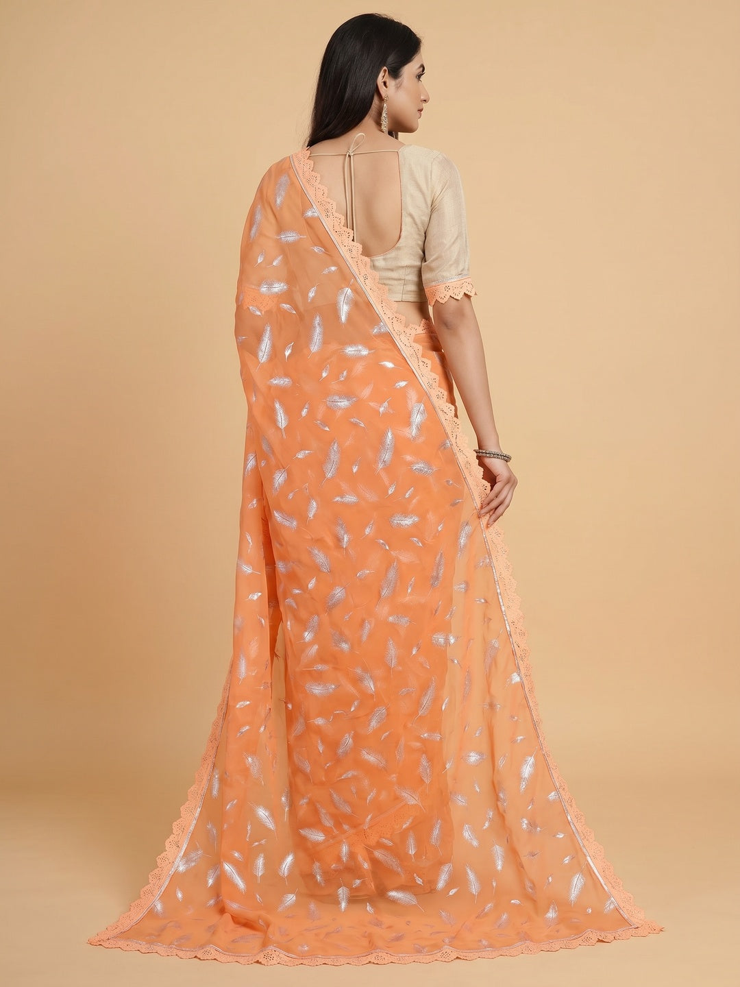 Orange Foil Printed With Swarovski Georgette Saree - Image 2