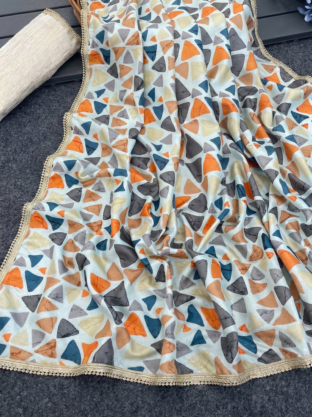 Multicolor Geometric Digital Printed Dola Silk Saree With Fancy Lace Border - Image 1