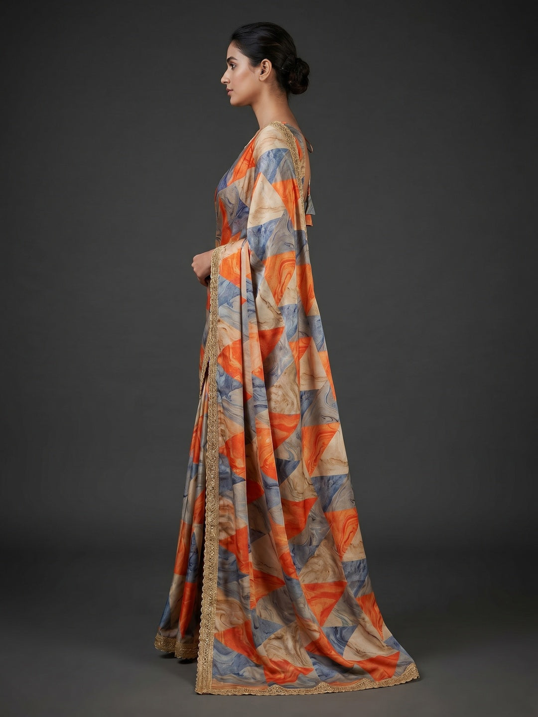 Multicolor Geometric Digital Printed Dola Silk Saree With Fancy Lace Border - Image 2