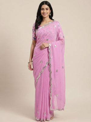Pink Floral Sequins Embroidered Chiffon Saree - Image 1