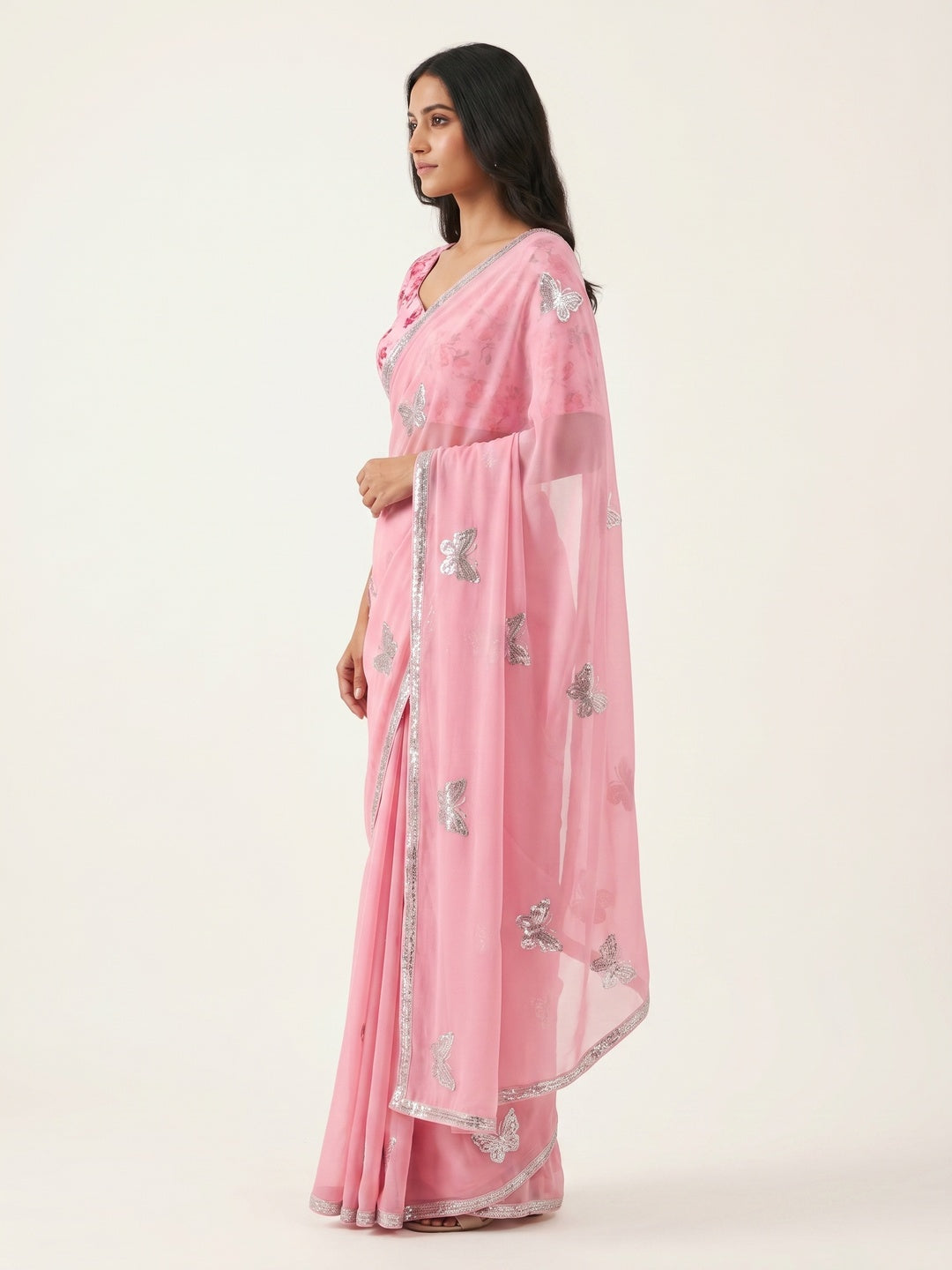 Pink Floral Sequins Embroidered Chiffon Saree - Image 2