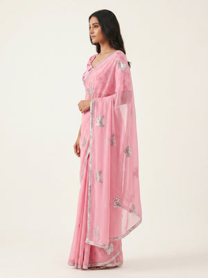 Pink Floral Sequins Embroidered Chiffon Saree - Image 2