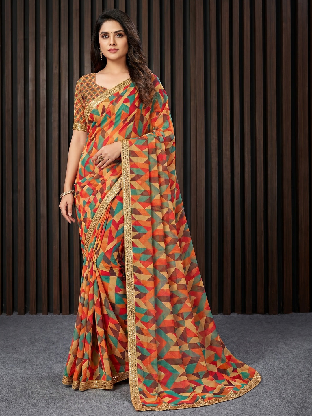 Multicolor Geometric Digital Printed Georgette Saree With Fancy Lace Border - Image 5
