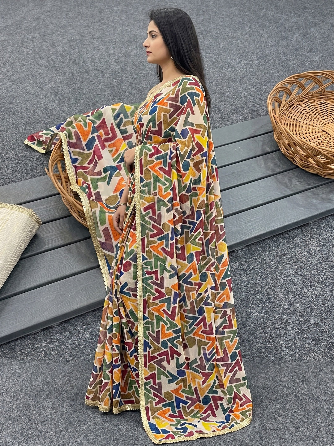 Multicolor Geometric Digital Printed Georgette Saree With Fancy Lace Border - Image 3