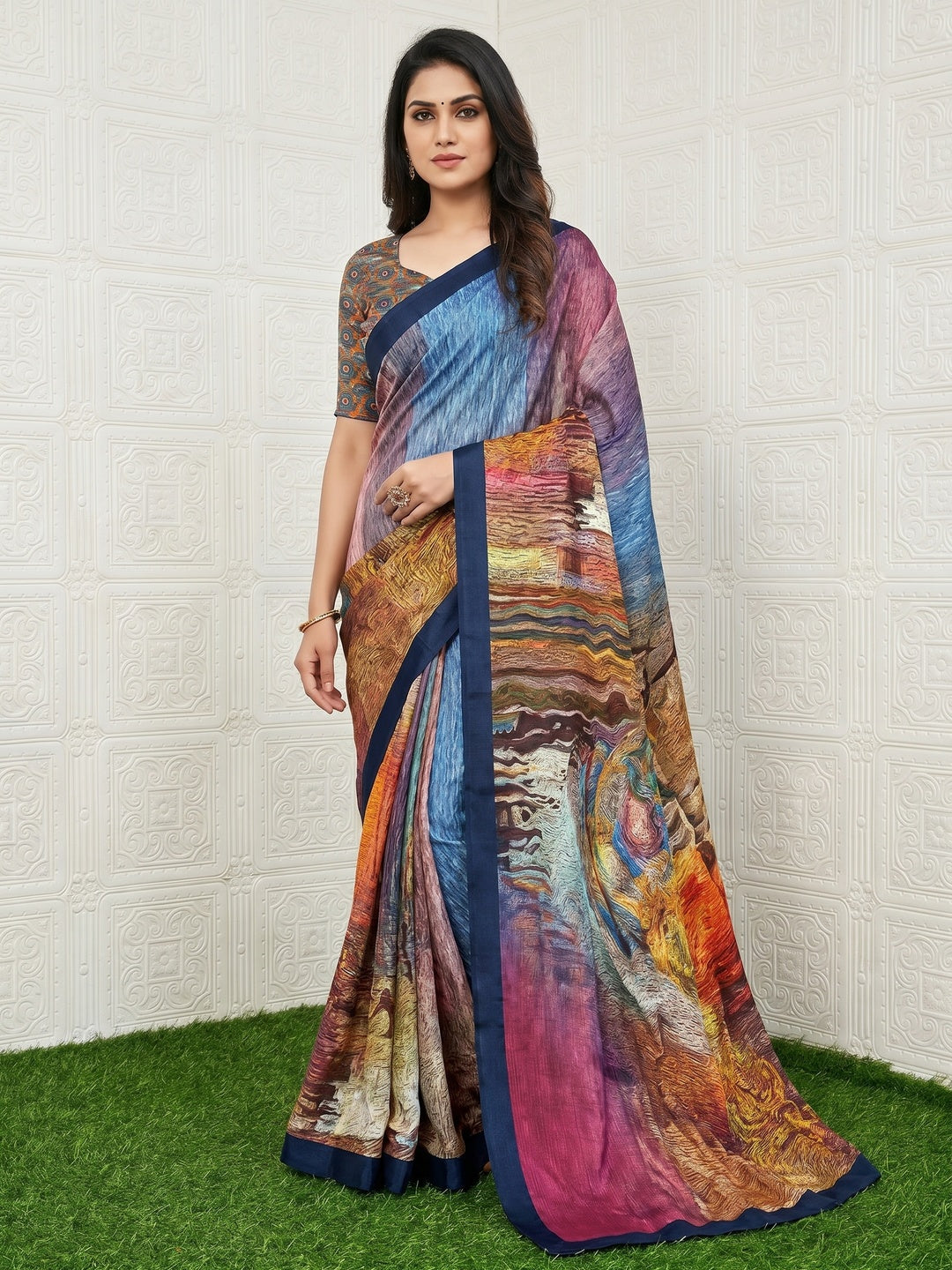 Multicolor Digital Printed Chinon Silk Saree - Image 1