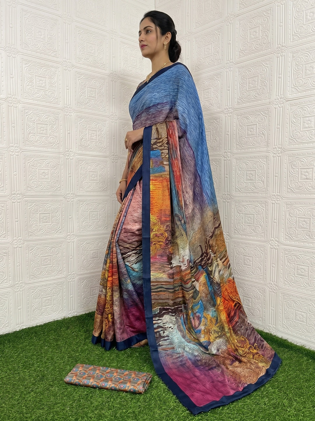 Multicolor Digital Printed Chinon Silk Saree - Image 3