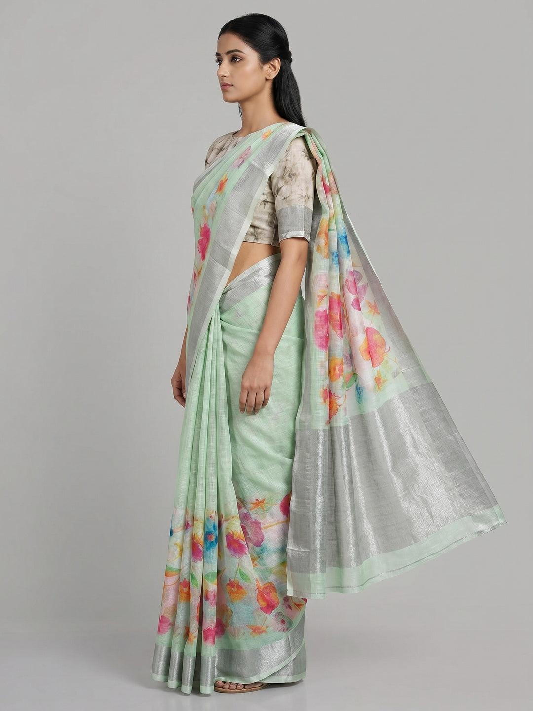 Pista Green Floral Digital Printed Linen Saree - Image 4