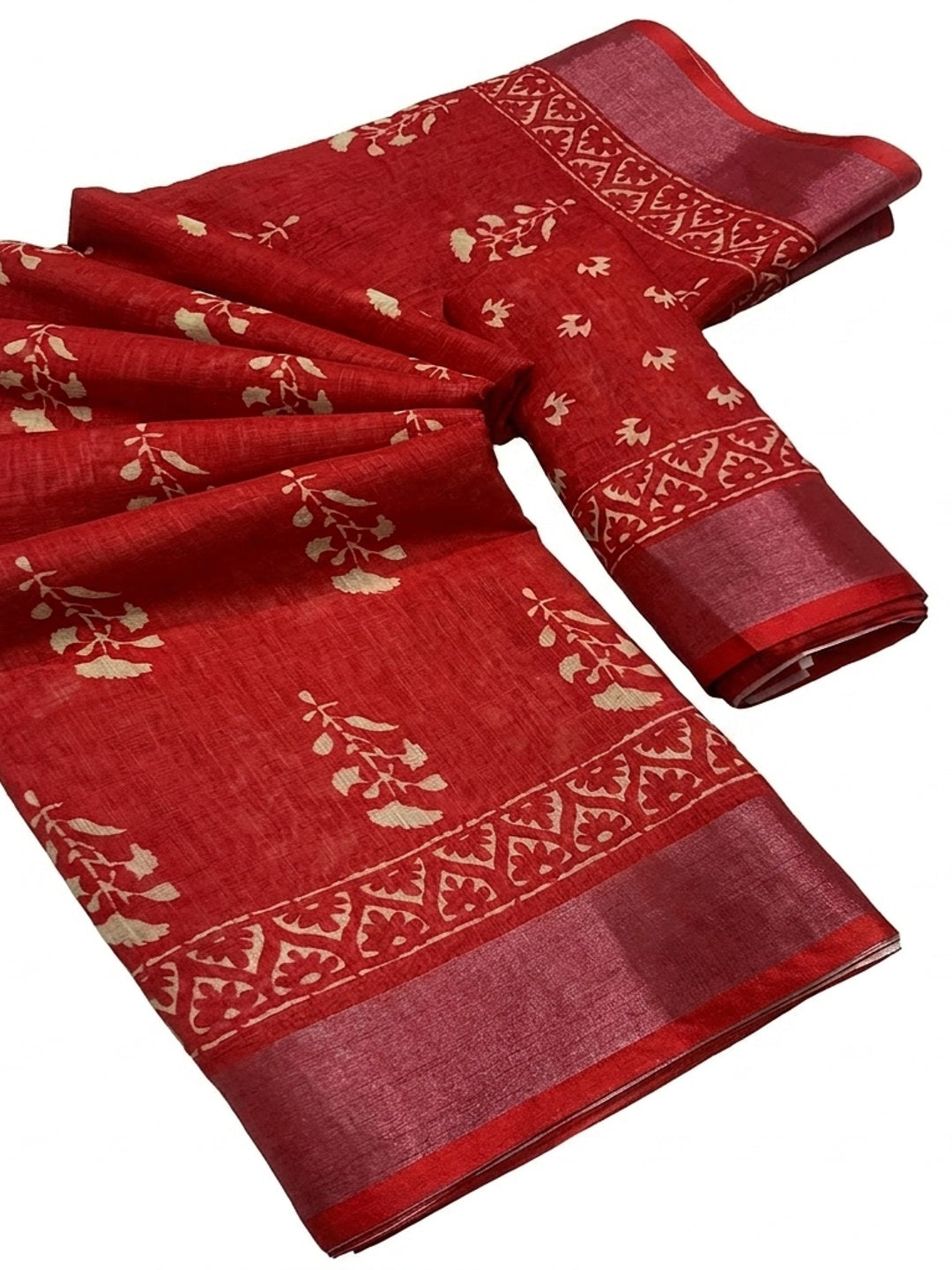 Red Floral Digital Printed Linen Saree - Image 3