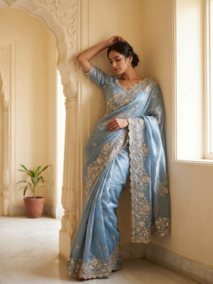 Peachmode Sky Blue Silk Saree with Sequins Zari Embroidery - Image 1