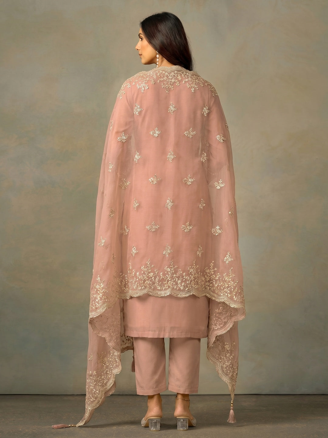 Peach Floral Sequins Embroidered Organza Semi Stitched Salwar Suit - Image 1