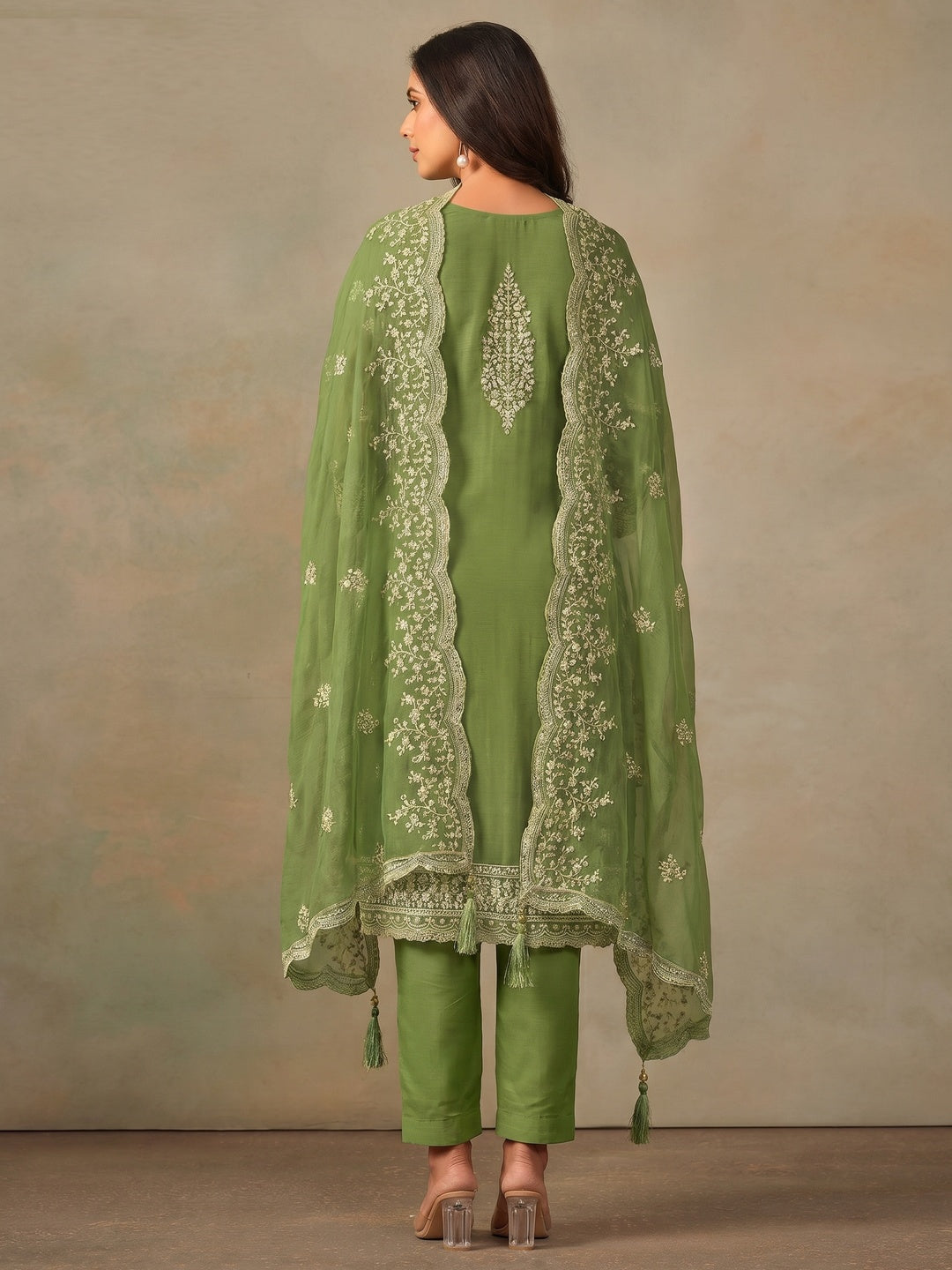 Green Floral Sequins Embroidered Organza Semi Stitched Salwar Suit - Image 1