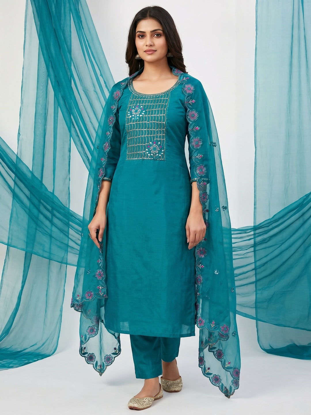 Teal Floral Embroidery With Stonework Cotton Silk Dress Material - Image 1