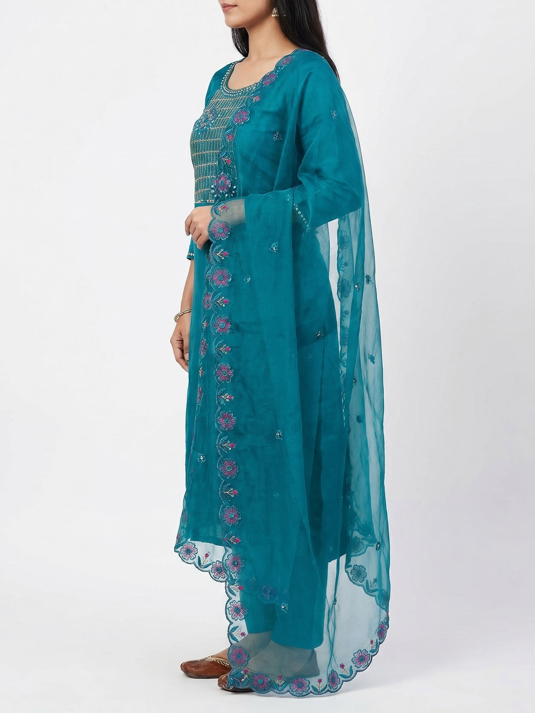 Teal Floral Embroidery With Stonework Cotton Silk Dress Material - Image 2