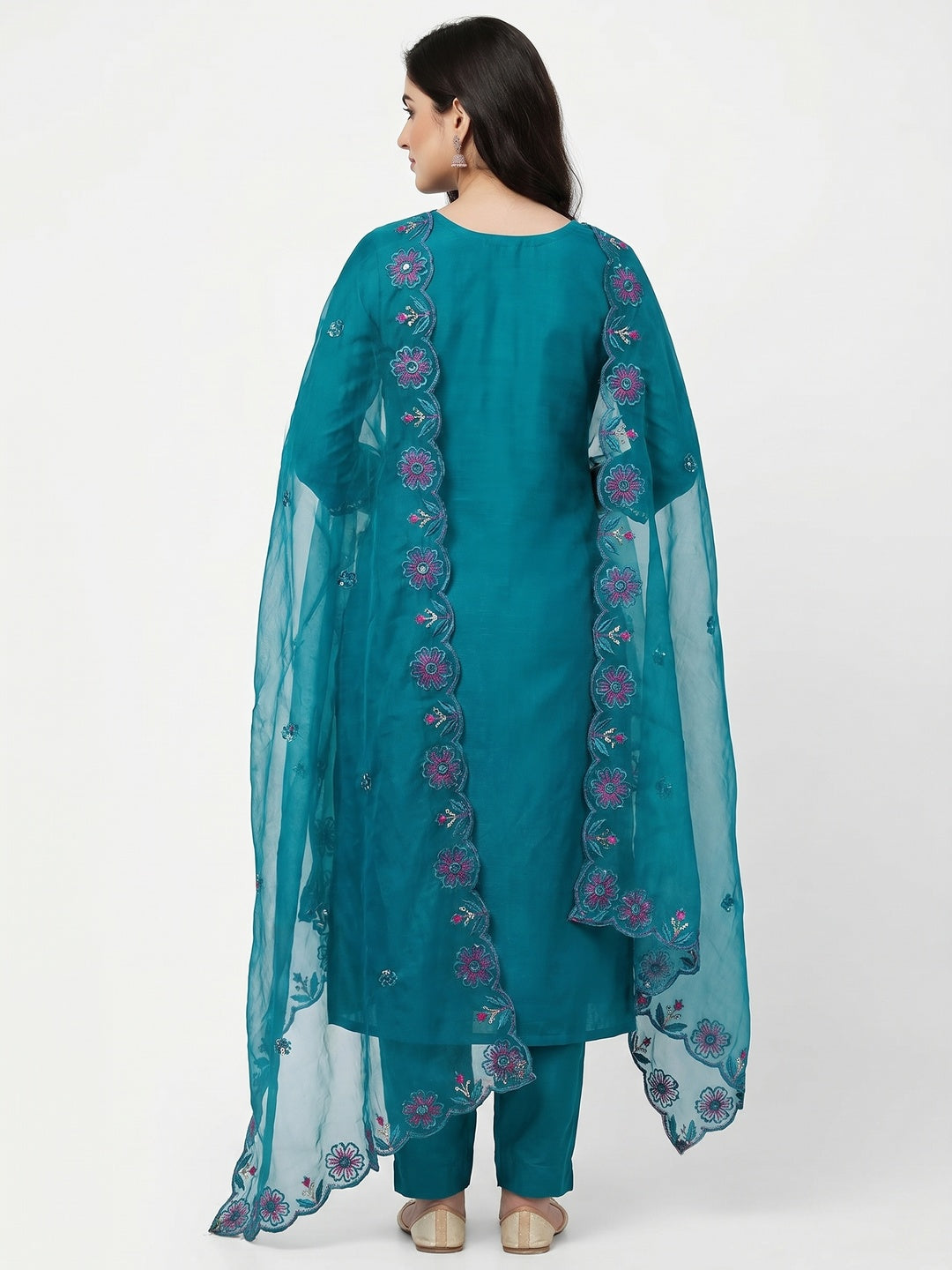 Teal Floral Embroidery With Stonework Cotton Silk Dress Material - Image 3