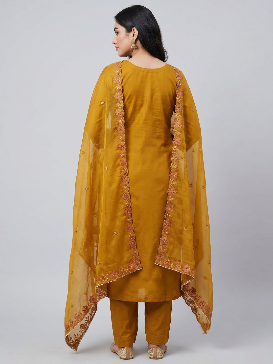 Mustard Floral Embroidery With Stonework Cotton Silk Dress Material - Image 2