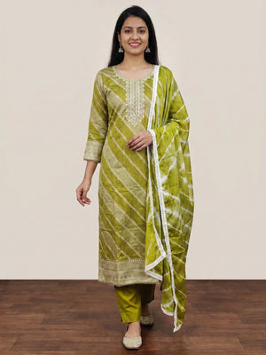 Green Floral Woven With Handwork Banarasi Silk Dress Material - Image 1