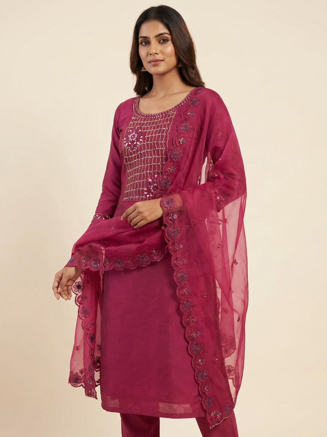 Magenta Floral Embroidery With Stonework Cotton Silk Dress Material - Image 1