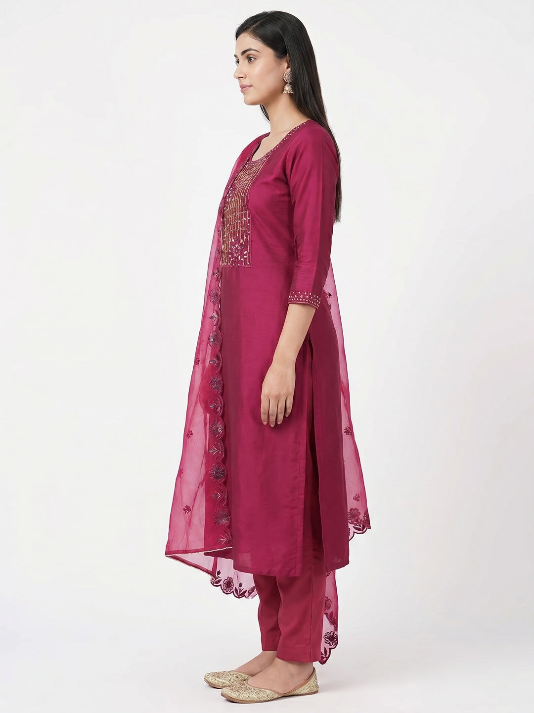 Magenta Floral Embroidery With Stonework Cotton Silk Dress Material - Image 3