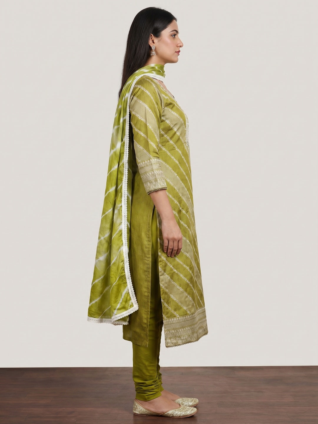 Green Floral Woven With Handwork Banarasi Silk Dress Material - Image 3