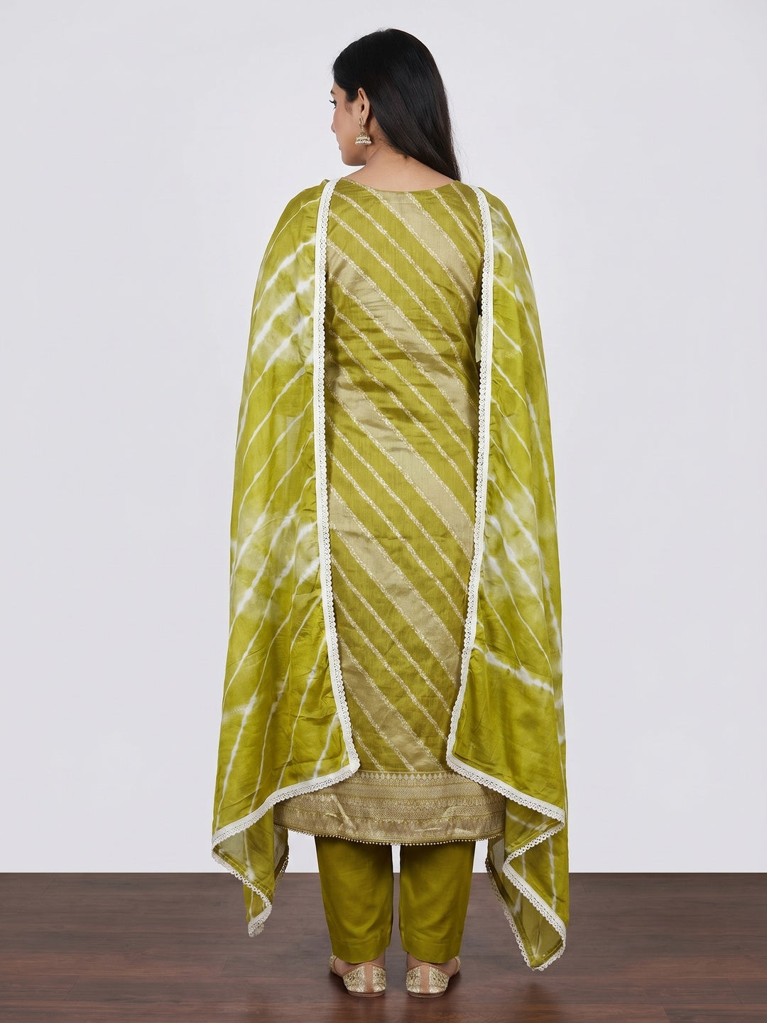 Green Floral Woven With Handwork Banarasi Silk Dress Material - Image 2