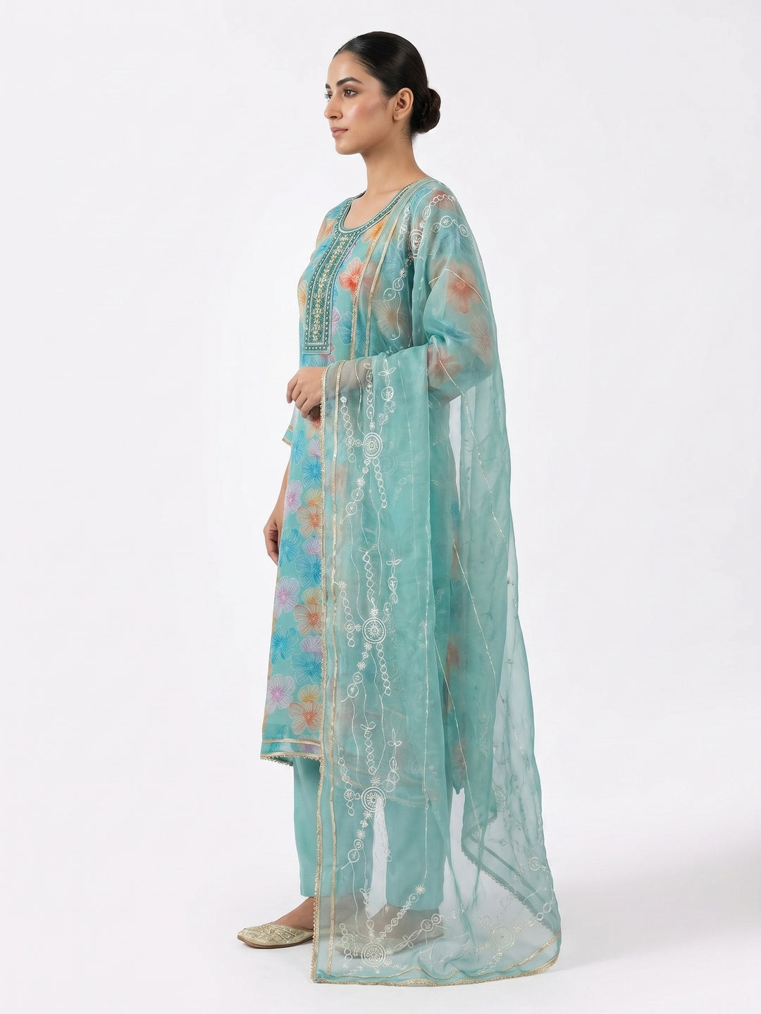 Turquoise Floral Sequins Embroidery With Handwork Organza Dress Material - Image 2