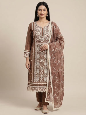 Brown Floral Sequins Embroidered Organza Dress Material - Image 1