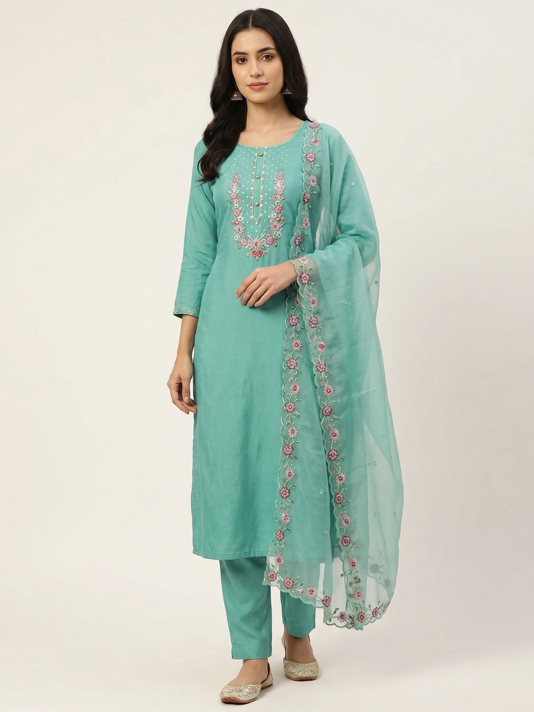 Turquoise Floral Sequins Embroidered Viscose Dress Material - Image 1