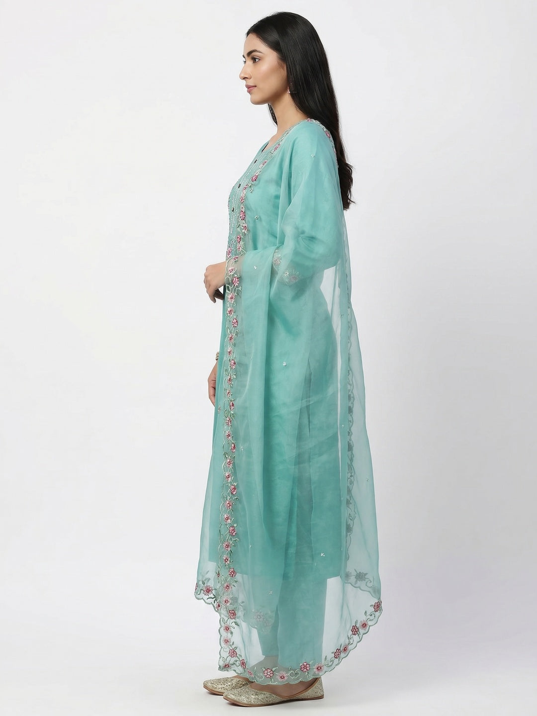 Turquoise Floral Sequins Embroidered Viscose Dress Material - Image 3