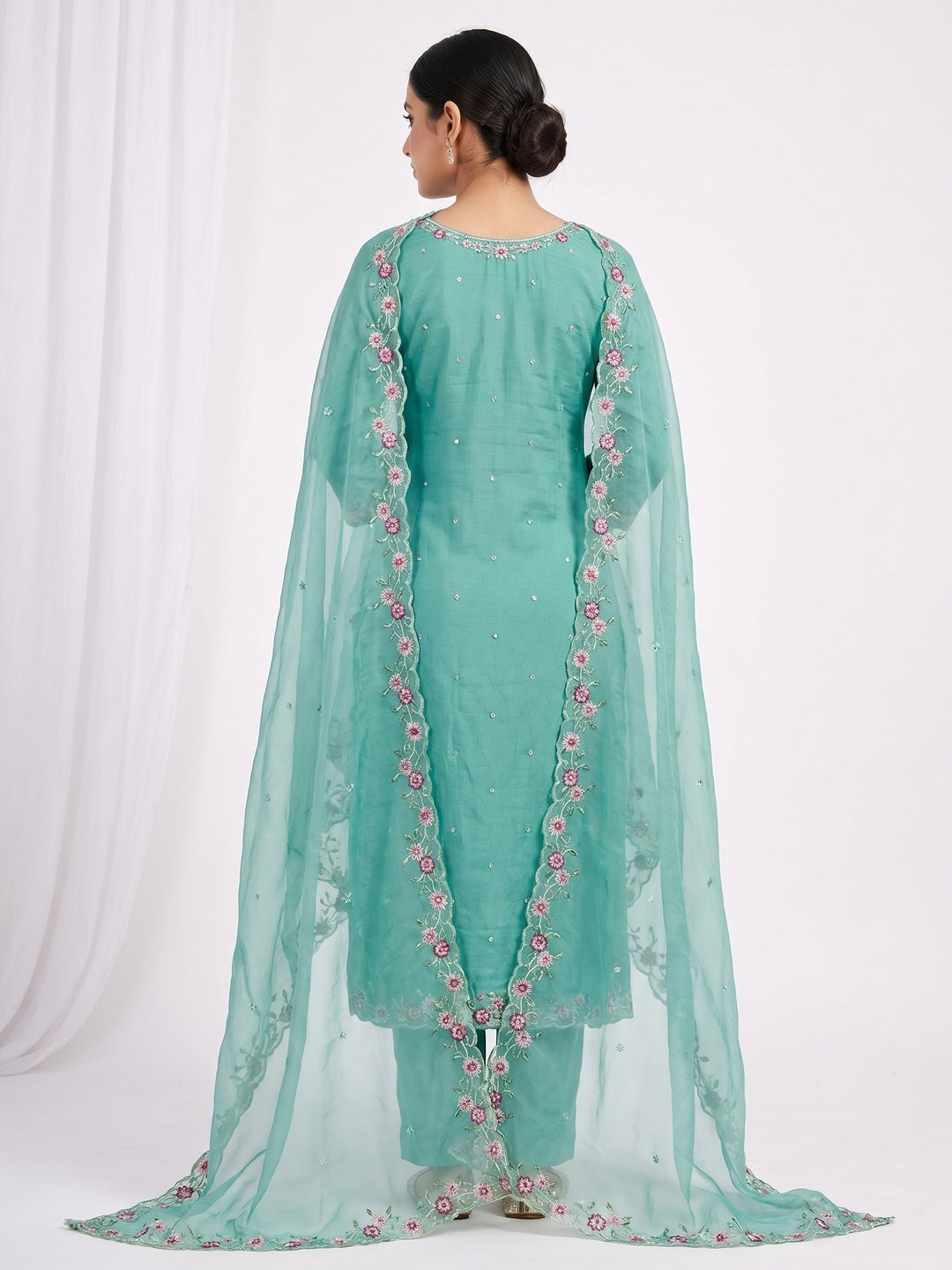 Turquoise Floral Sequins Embroidered Viscose Dress Material - Image 2