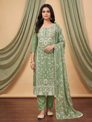 Green Floral Sequins Embroidered Organza Dress Material - Image 1