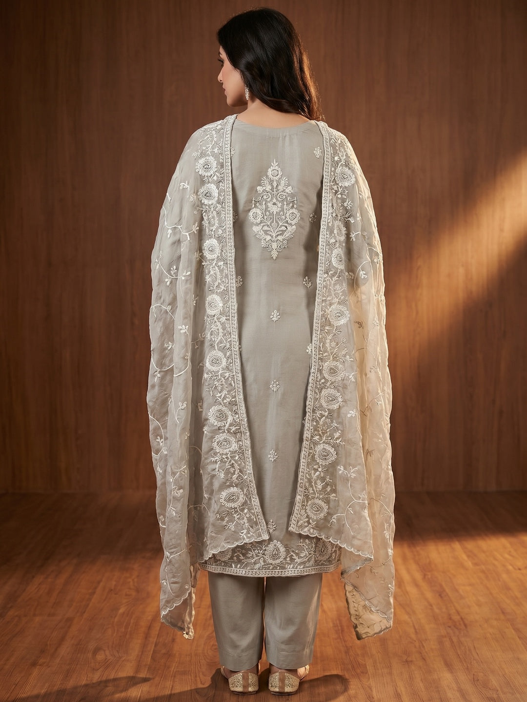 Light Grey Floral Sequins Embroidered Organza Dress Material - Image 3