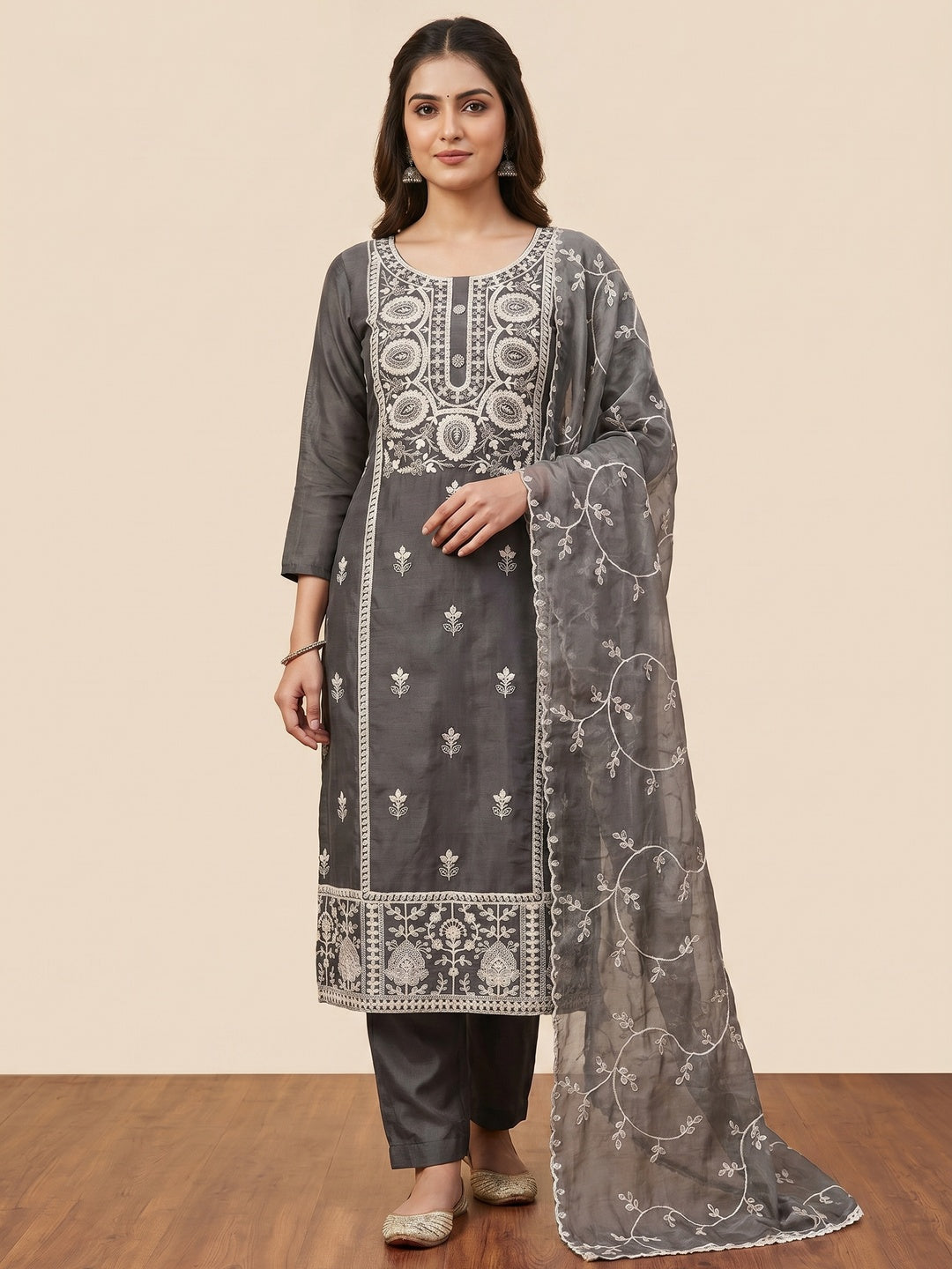 Dark Grey Floral Sequins Embroidered Organza Dress Material - Image 1