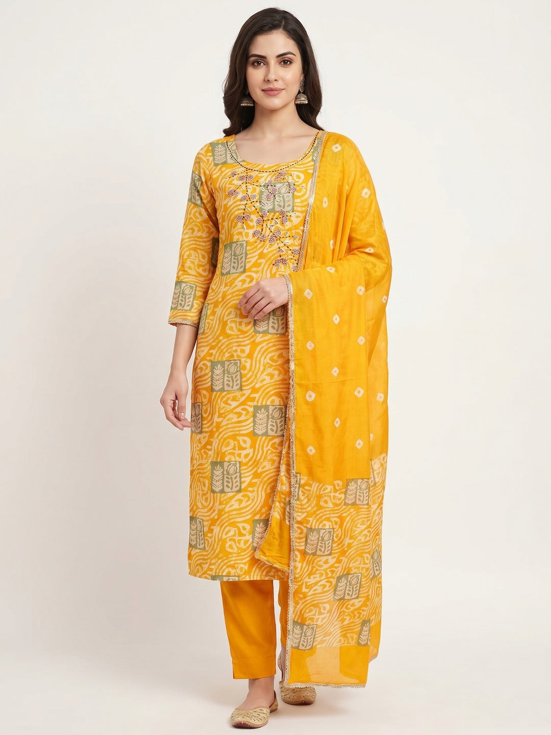 Yellow Printed With Handwork Cotton Silk Dress Material - Image 1
