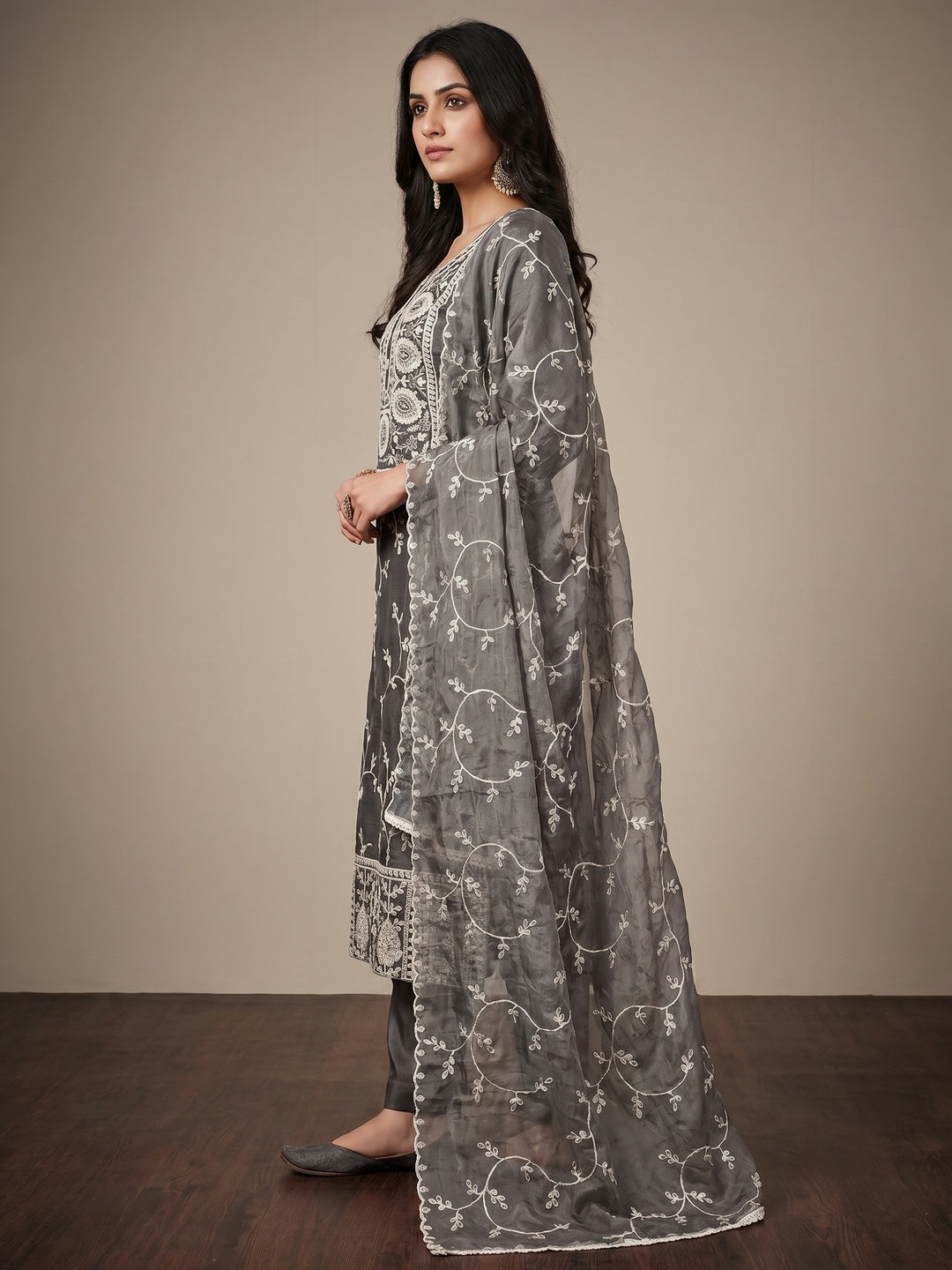 Dark Grey Floral Sequins Embroidered Organza Dress Material - Image 2