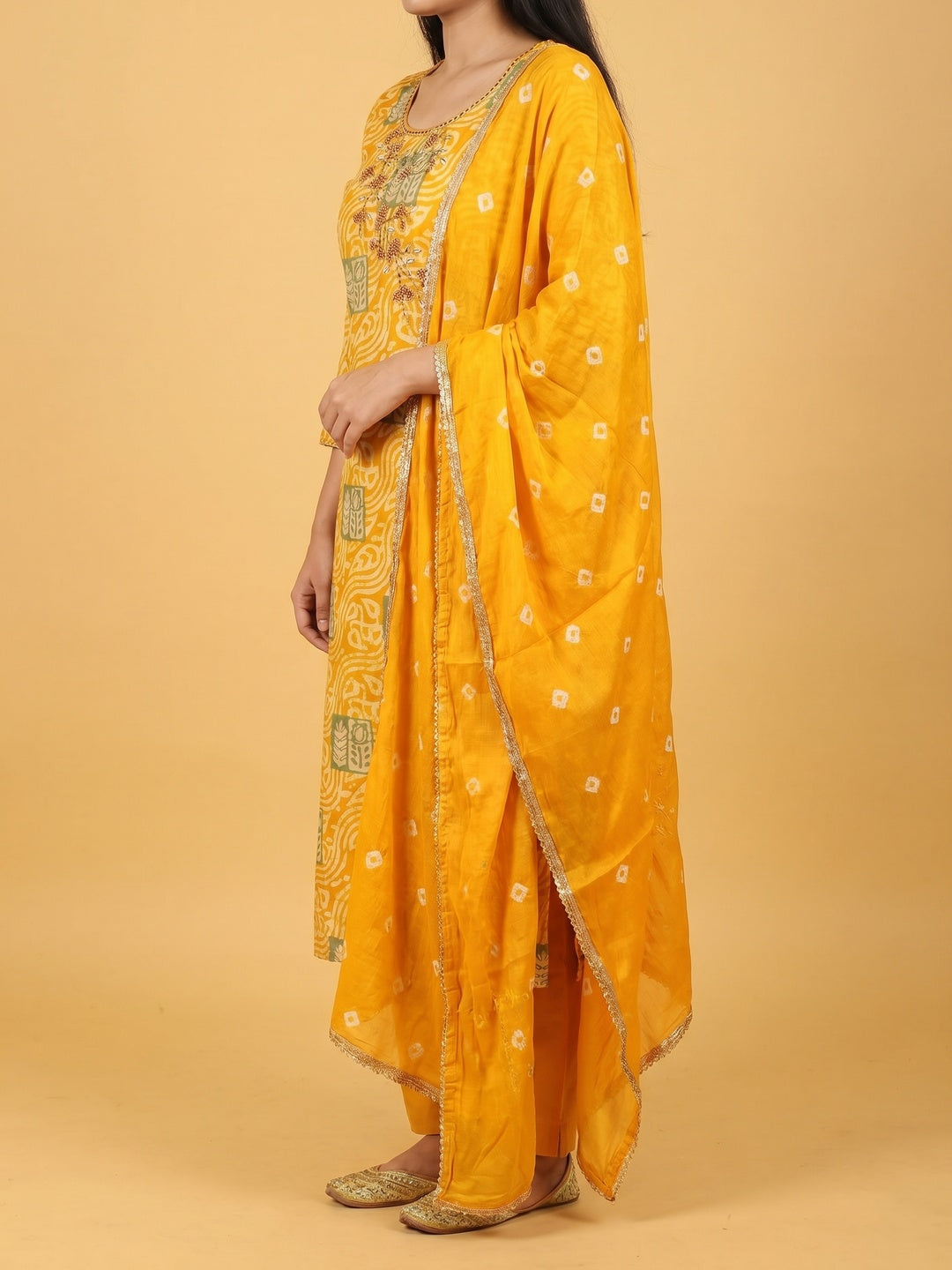 Yellow Printed With Handwork Cotton Silk Dress Material - Image 2