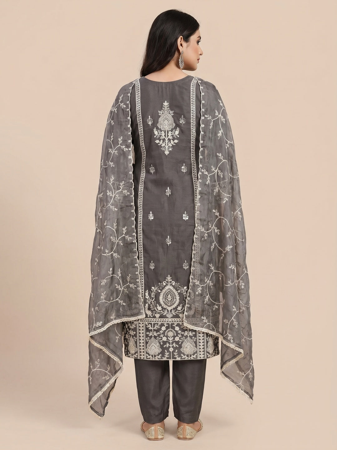 Dark Grey Floral Sequins Embroidered Organza Dress Material - Image 3