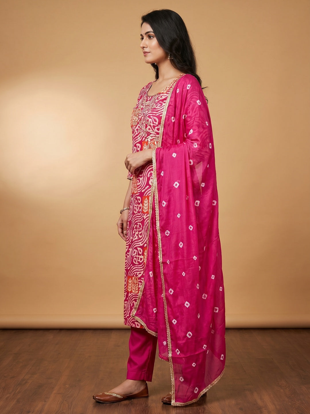 Pink Printed With Handwork Cotton Silk Dress Material - Image 3