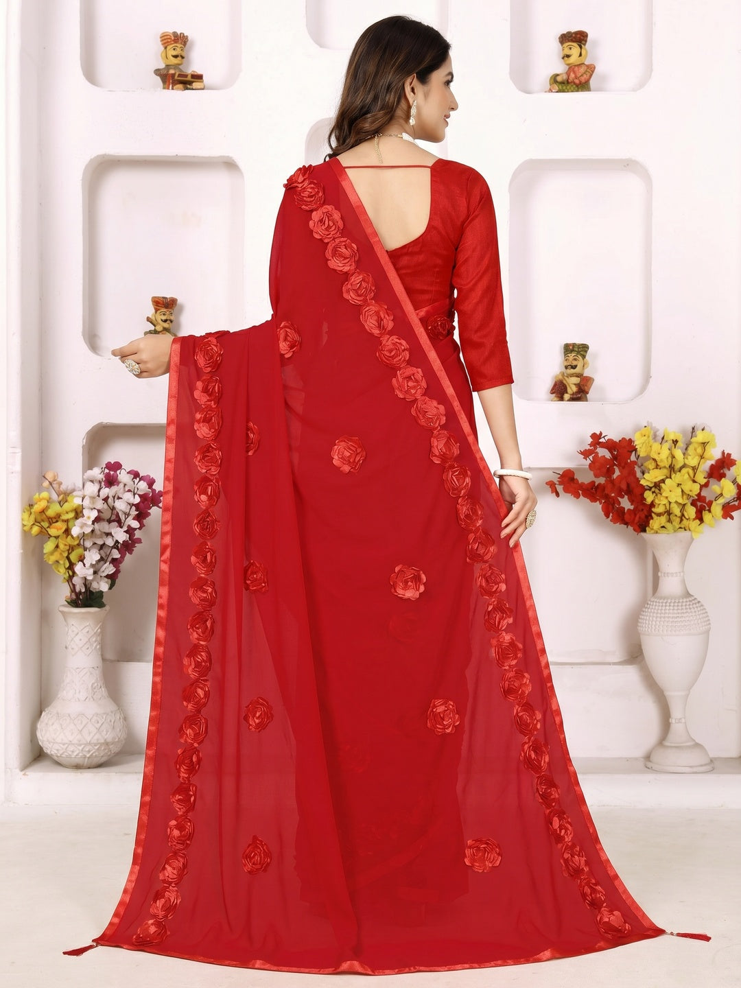 Red Ribbon Flower Embroidered Georgette Saree - Image 1