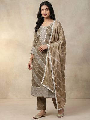 Dark Chikoo Floral Woven With Handwork Banarasi Silk Dress Material - Image 1