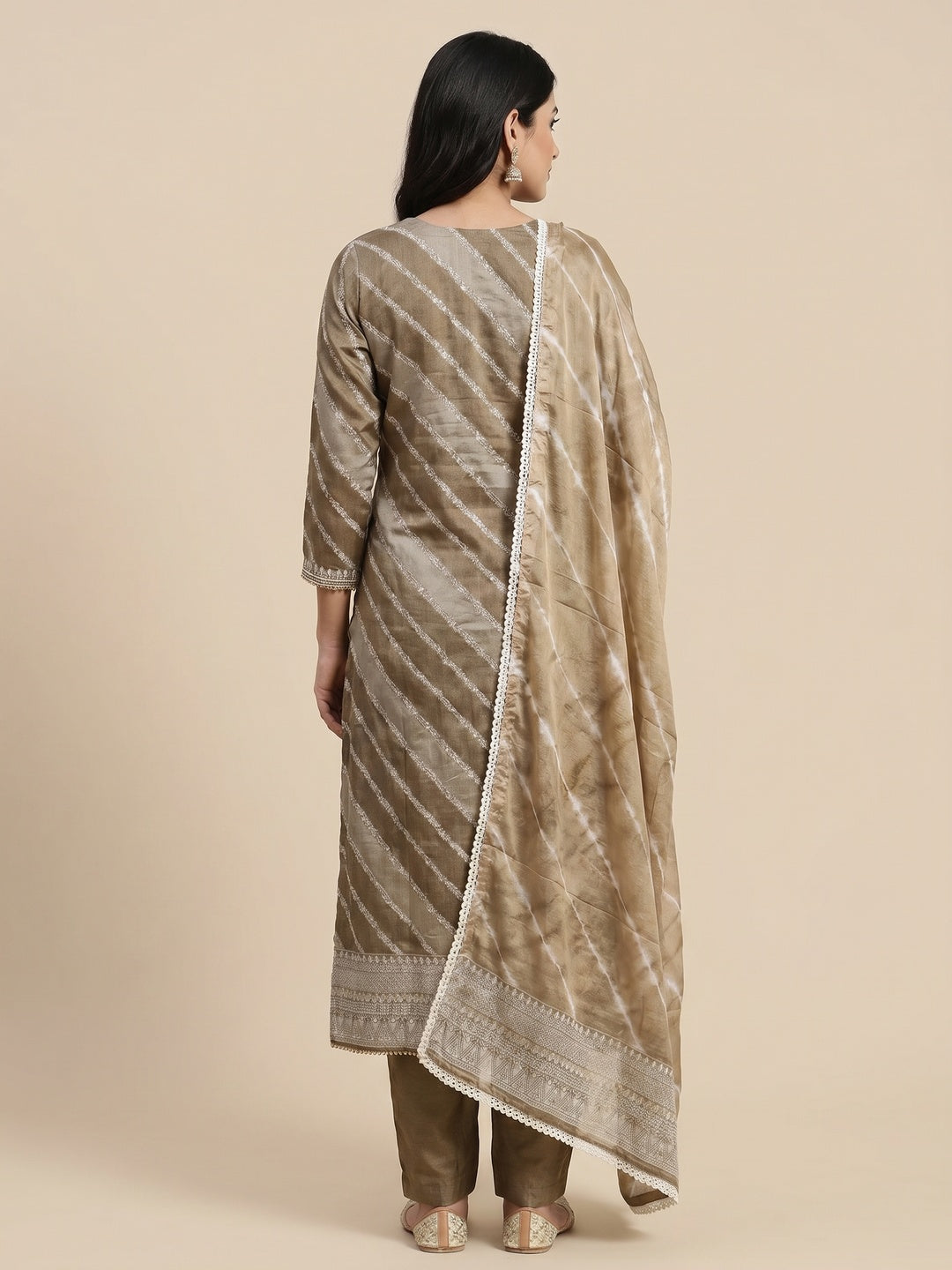 Dark Chikoo Floral Woven With Handwork Banarasi Silk Dress Material - Image 2
