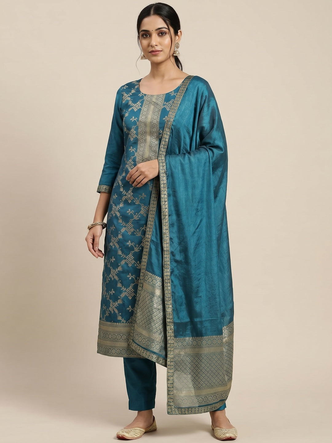 Morpich Floral Woven Banarasi Jacquard Dress Material - Image 1