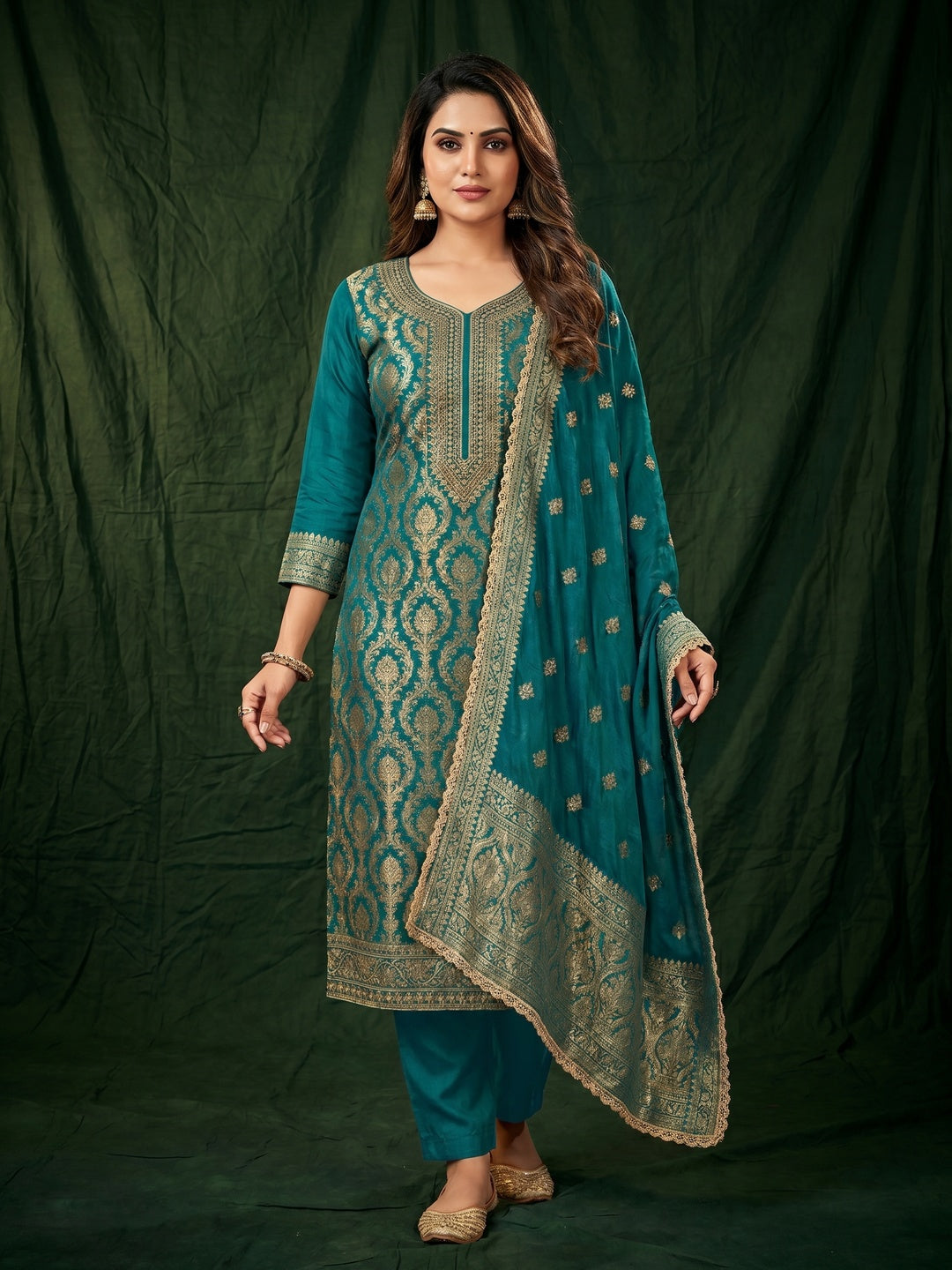 Teal Floral Woven With Stonework Banarasi Jacquard Dress Material - Image 1