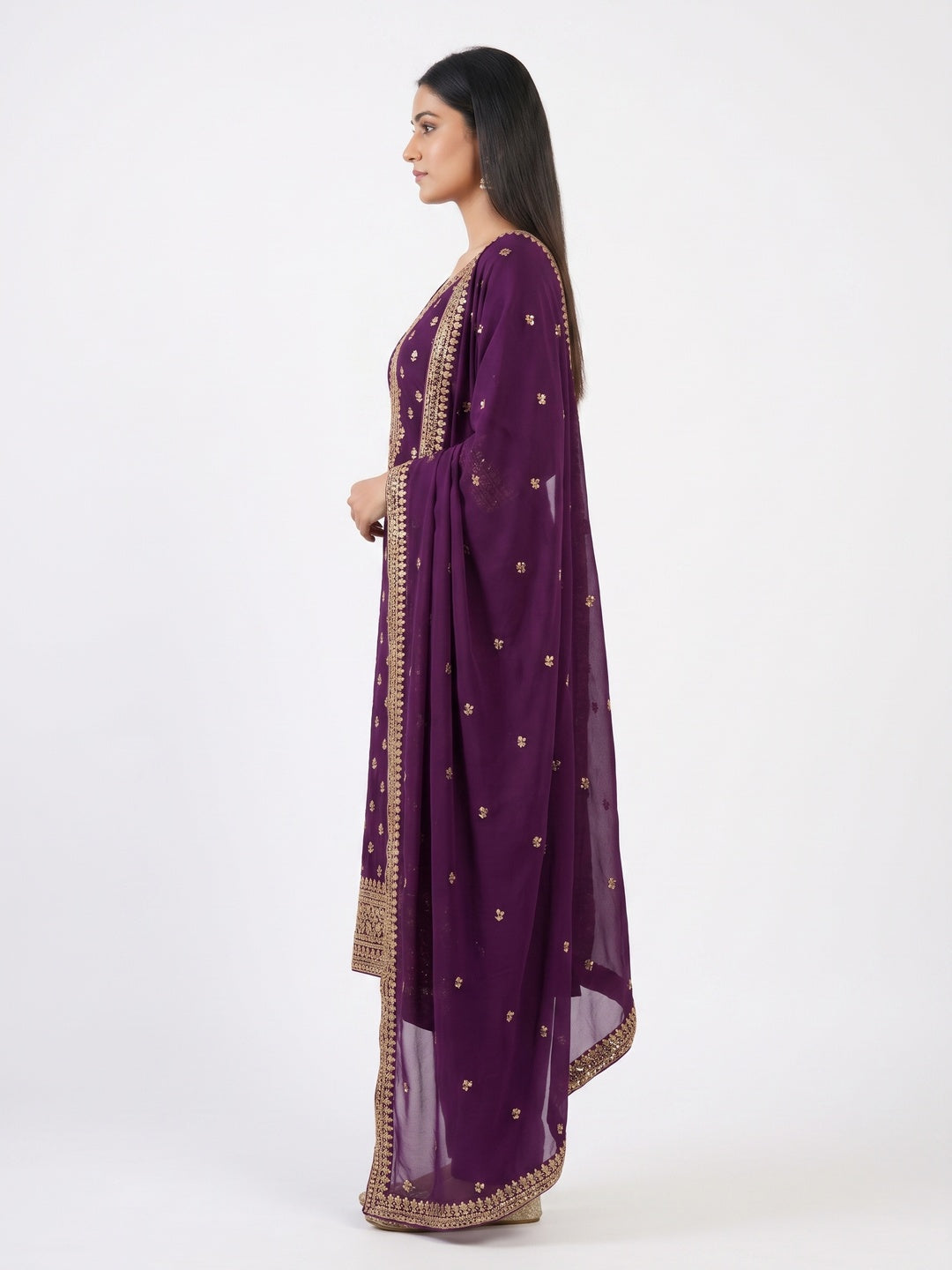 Purple Floral Sequins Embroidered Georgette Dress Material - Image 3