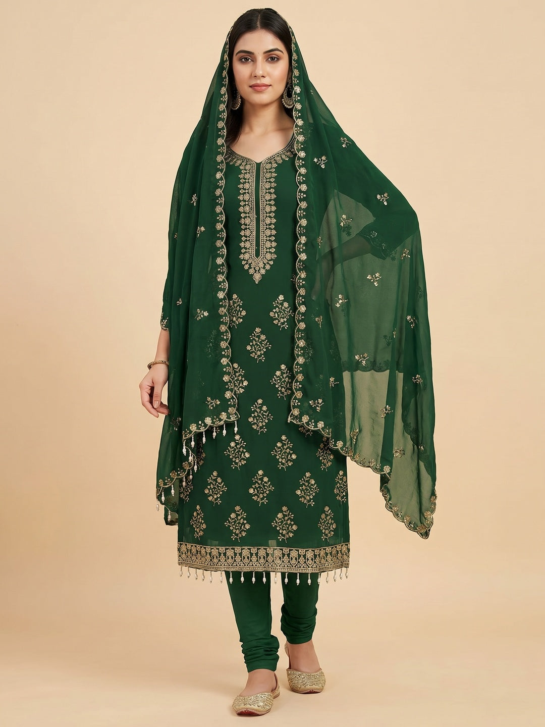 Green Floral Sequins Embroidered Georgette Dress Material - Image 1