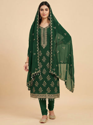 Green Floral Sequins Embroidered Georgette Dress Material - Image 1