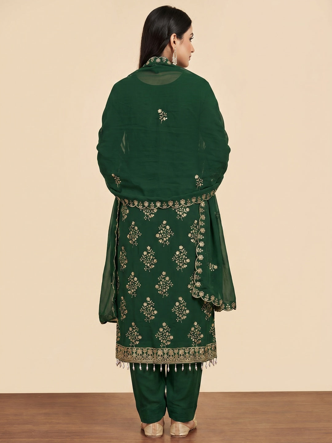 Green Floral Sequins Embroidered Georgette Dress Material - Image 2