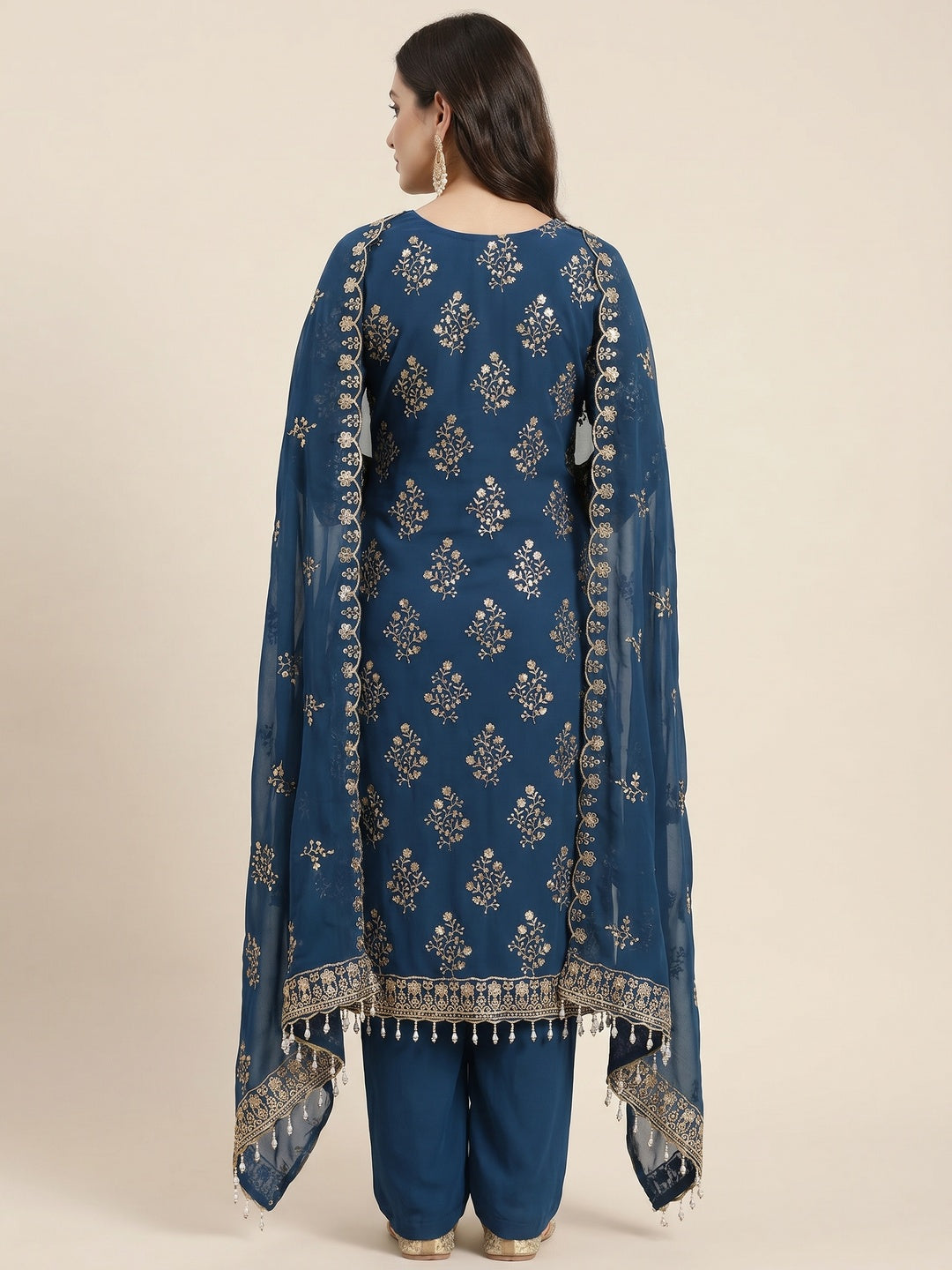 Blue Floral Sequins Embroidered Georgette Dress Material - Image 2