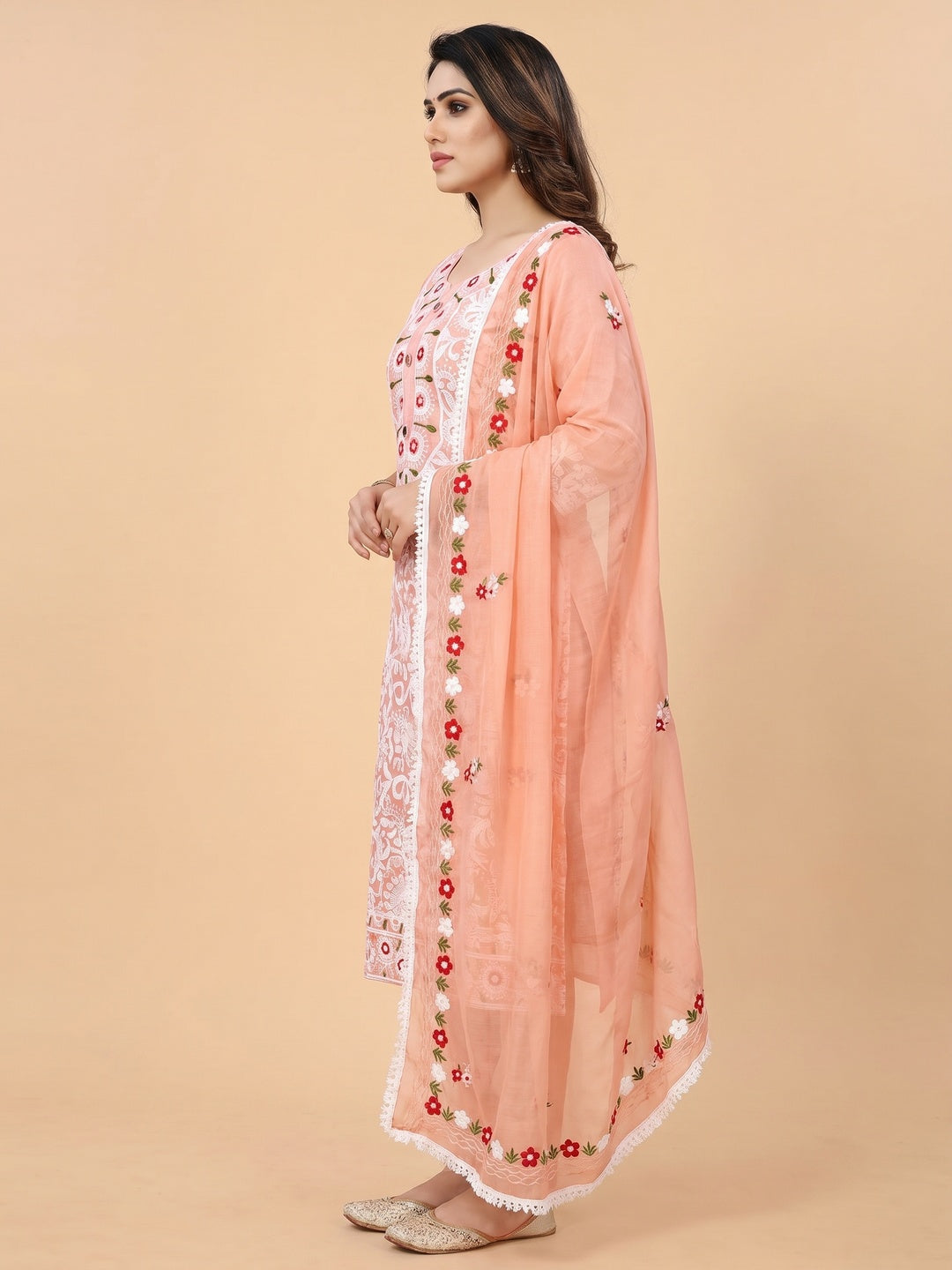 Peach Floral Embroidered Chanderi Dress Material - Image 3